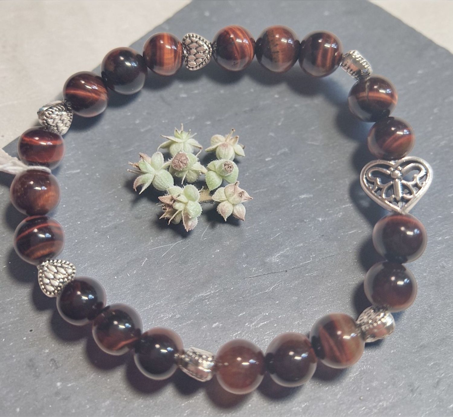 Armband - Tigerauge rot - A Qualität - Herz - 8 mm