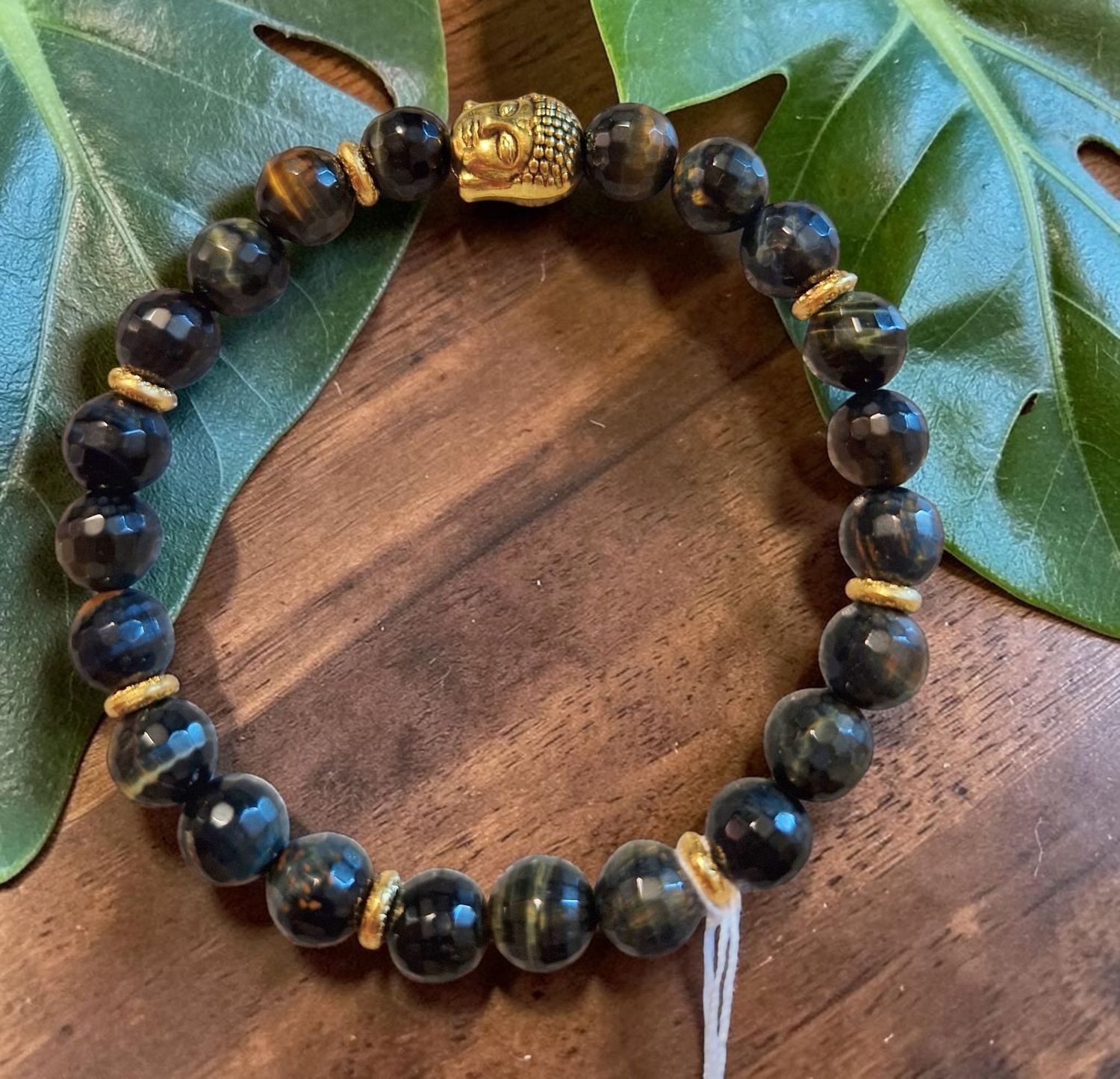 Armband - Tigerauge blau facetiert - AB Qualität - Buddha - 8 mm