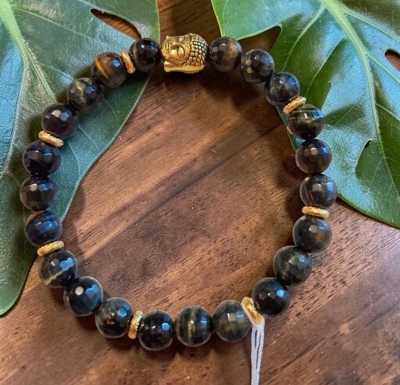Armband - Tigerauge blau facetiert - AB Qualität - Buddha - 8 mm