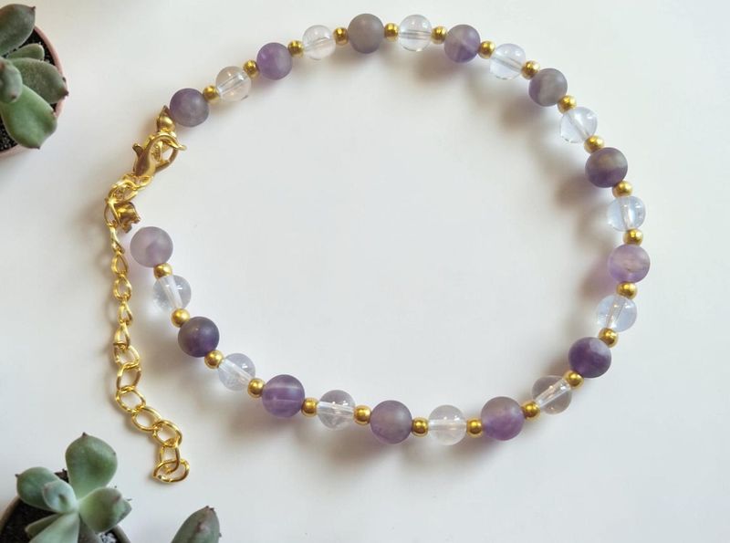 Fußkettchen - Bergkristall 6 mm AA Qualität - Amethyst matt 6mm AB Qualität
