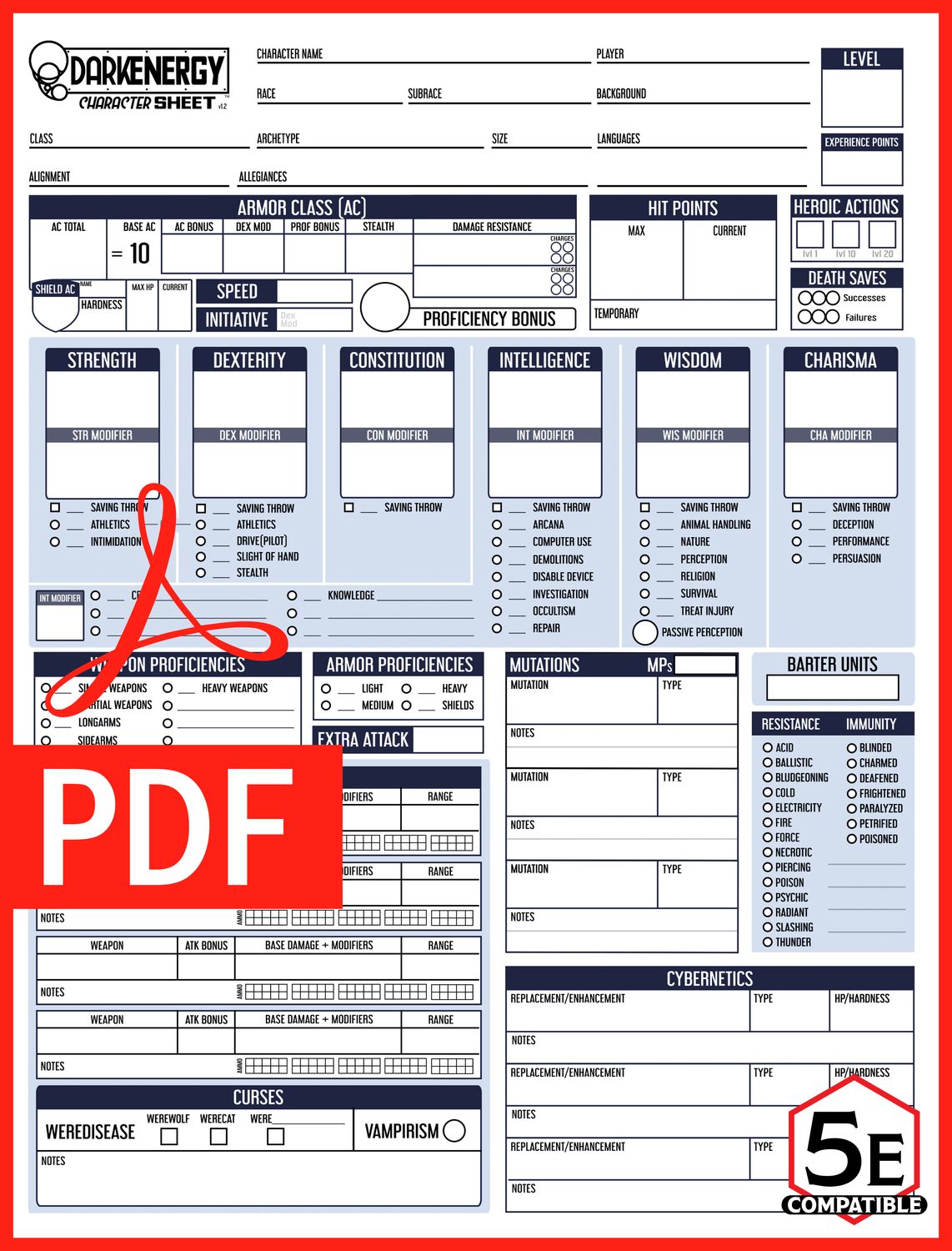 DarkEnergy Character Sheet 1st Edition PDF