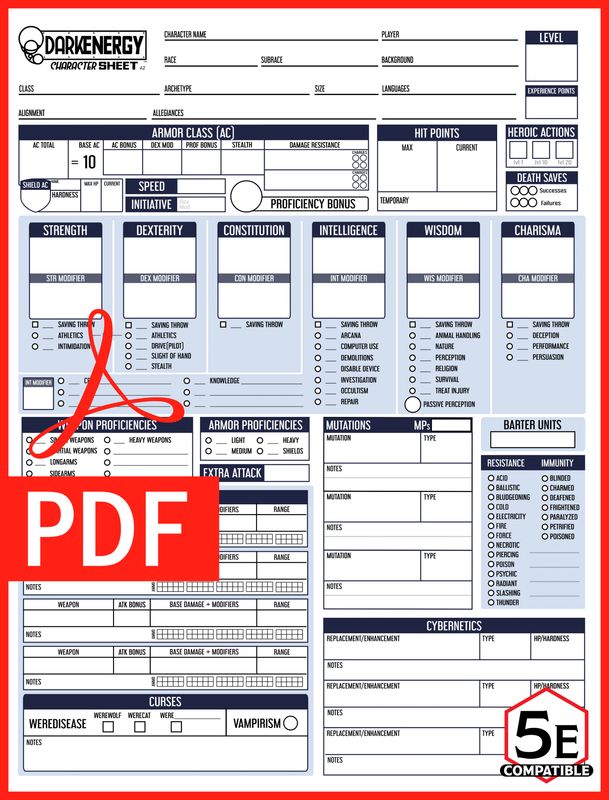 DarkEnergy Character Sheet 1st Edition PDF