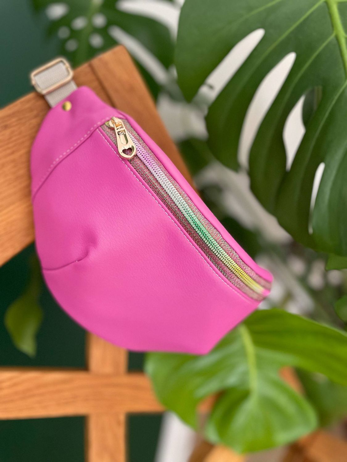 Medium Pink Faux Leather Fanny Pack – Handmade with Rainbow Zipper