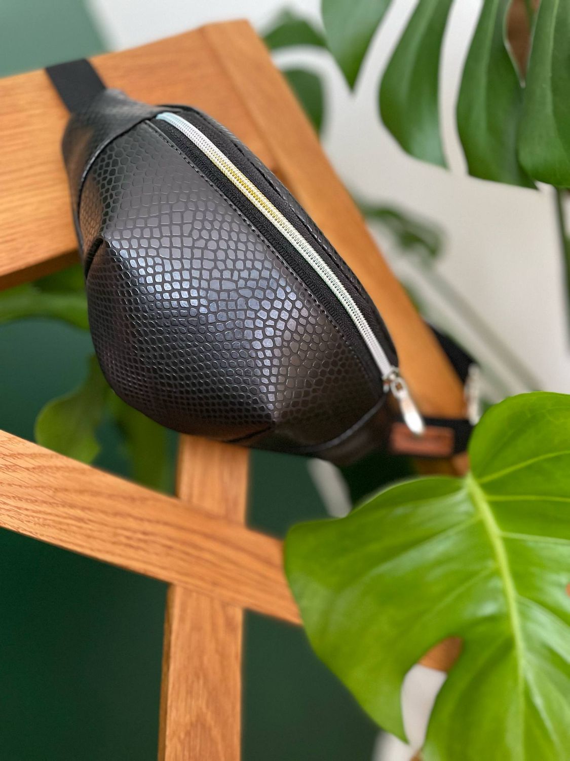 Small Black Snake Faux Leather Fanny Pack – Handmade with Rainbow Zipper