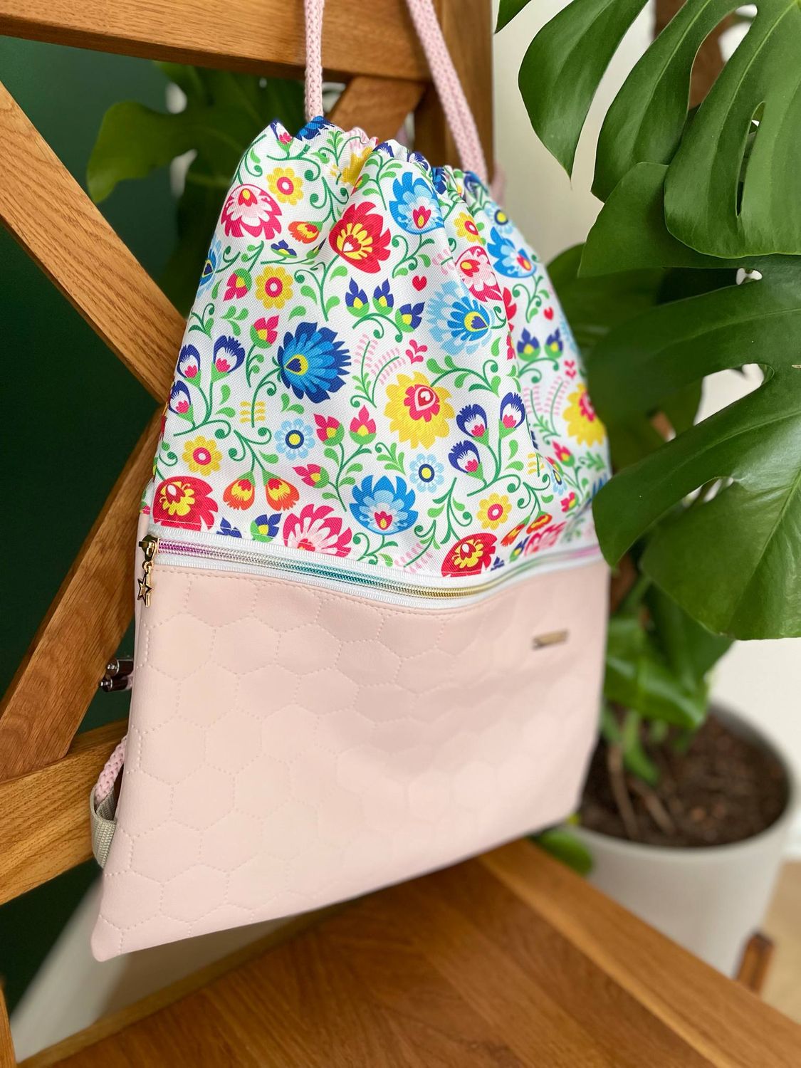 Handmade Floral Drawstring Backpack – Pink Faux Leather