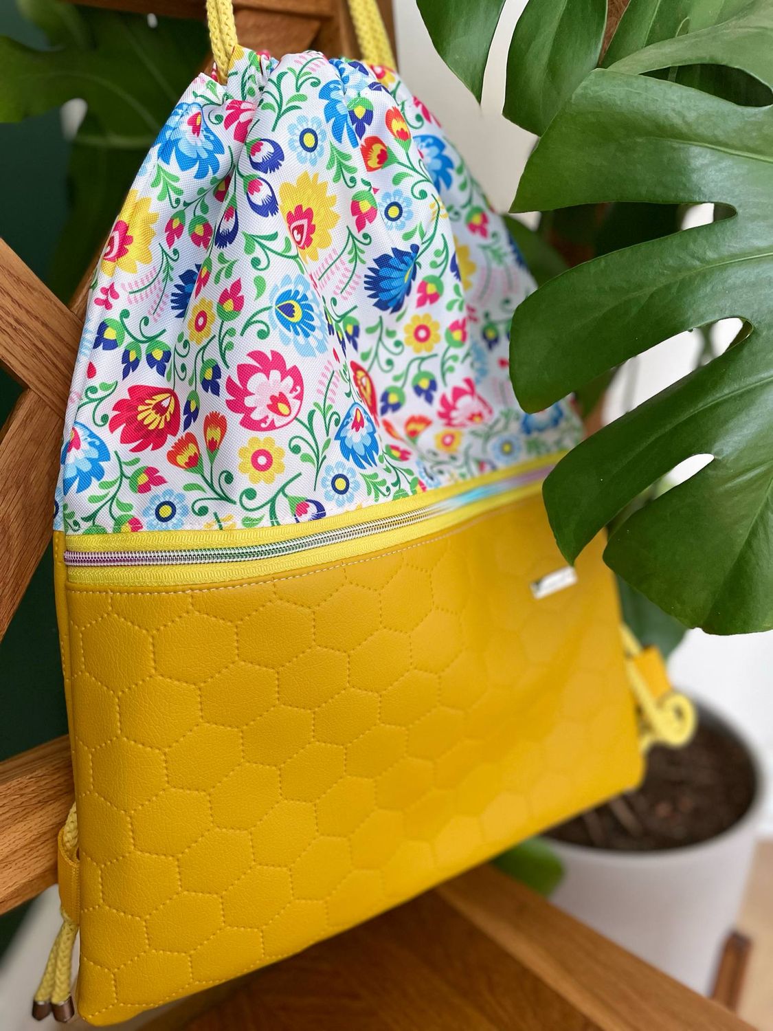 Handmade Floral Drawstring Backpack – Yellow Faux Leather &amp; Rainbow Zipper