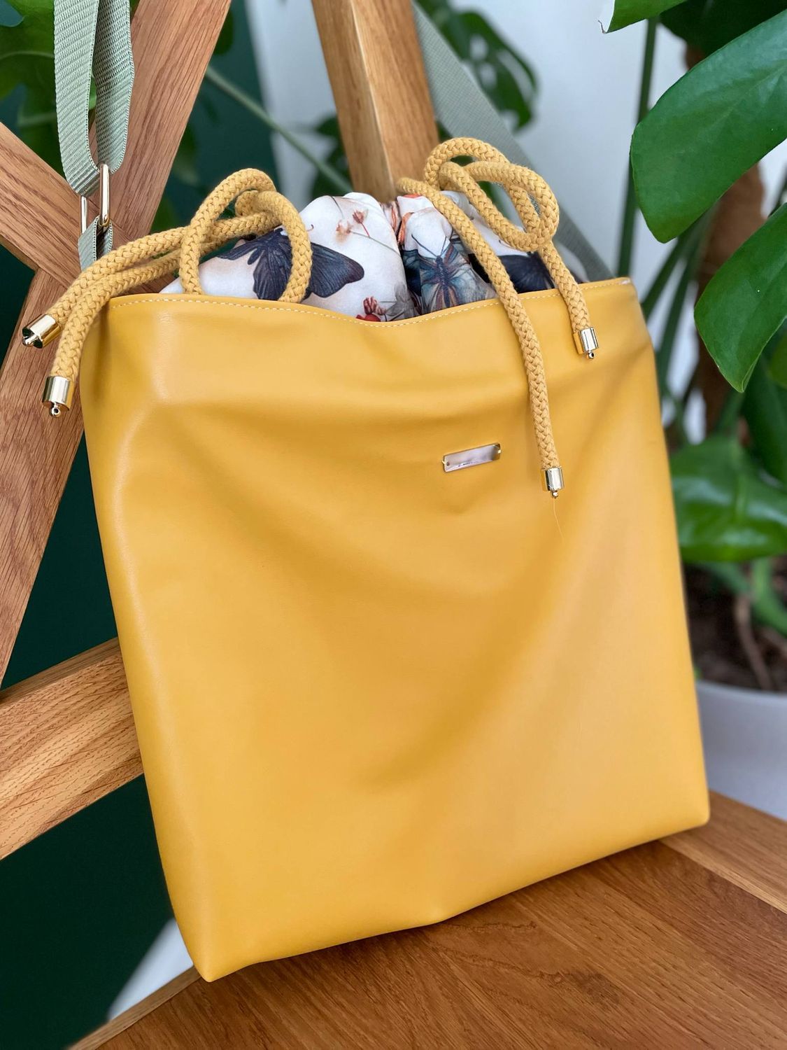 Mustard Yellow Drawstring Shoulder Bag with Waterproof Gray Lining