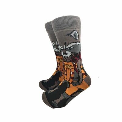 "Rocket Raccoon themed socks set featuring vibrant designs and a playful character print."
