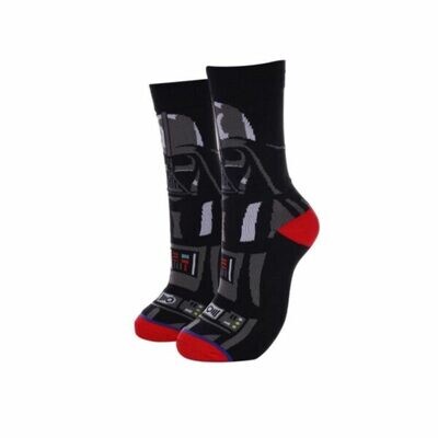 "Set of socks inspired by Darth Vader from Star Wars, with his helmet and lightsaber imagery."
