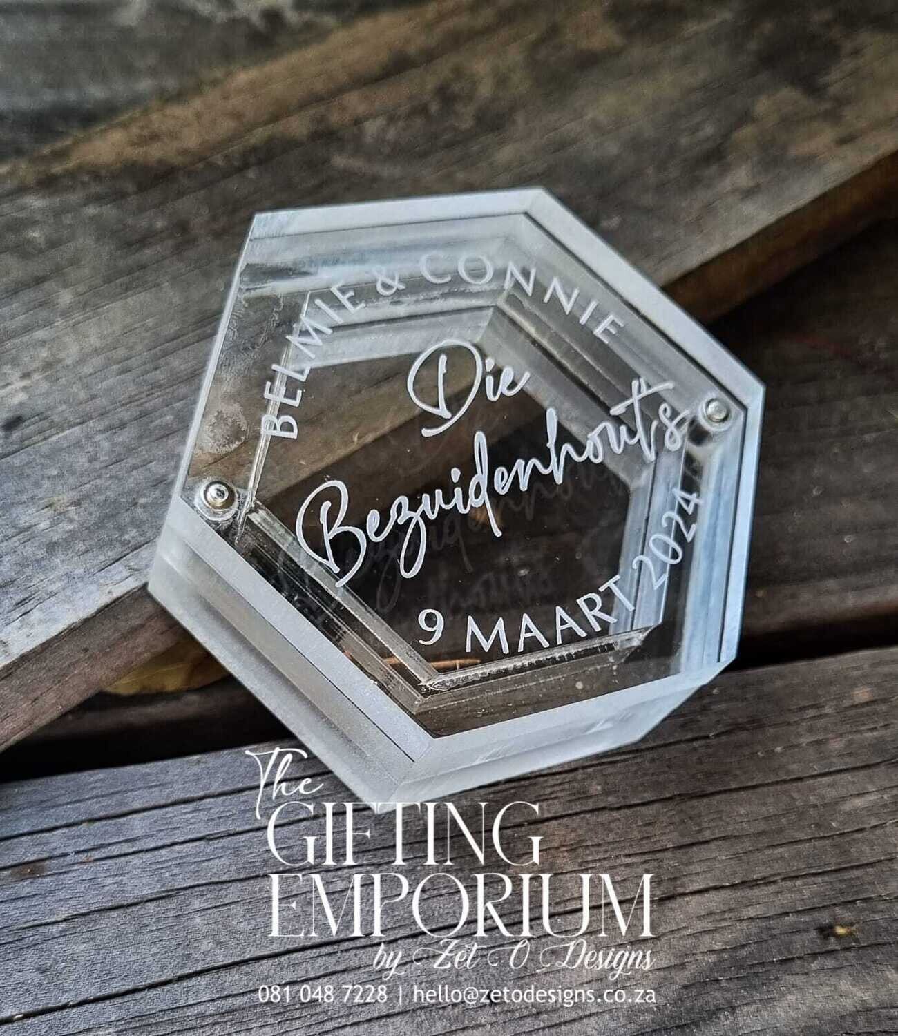 Ring Box - Custom Engraving, Clear Acrylic {Hexagon}
wedding
laser engraving
custom
uniquely 
special
