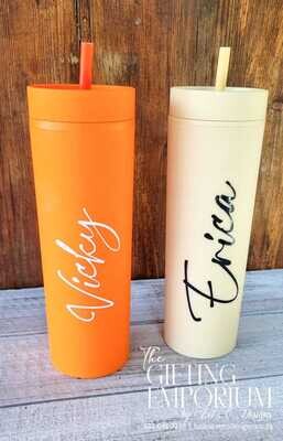 "Personalized skinny tumblers with custom name branding, perfect for gifting."
