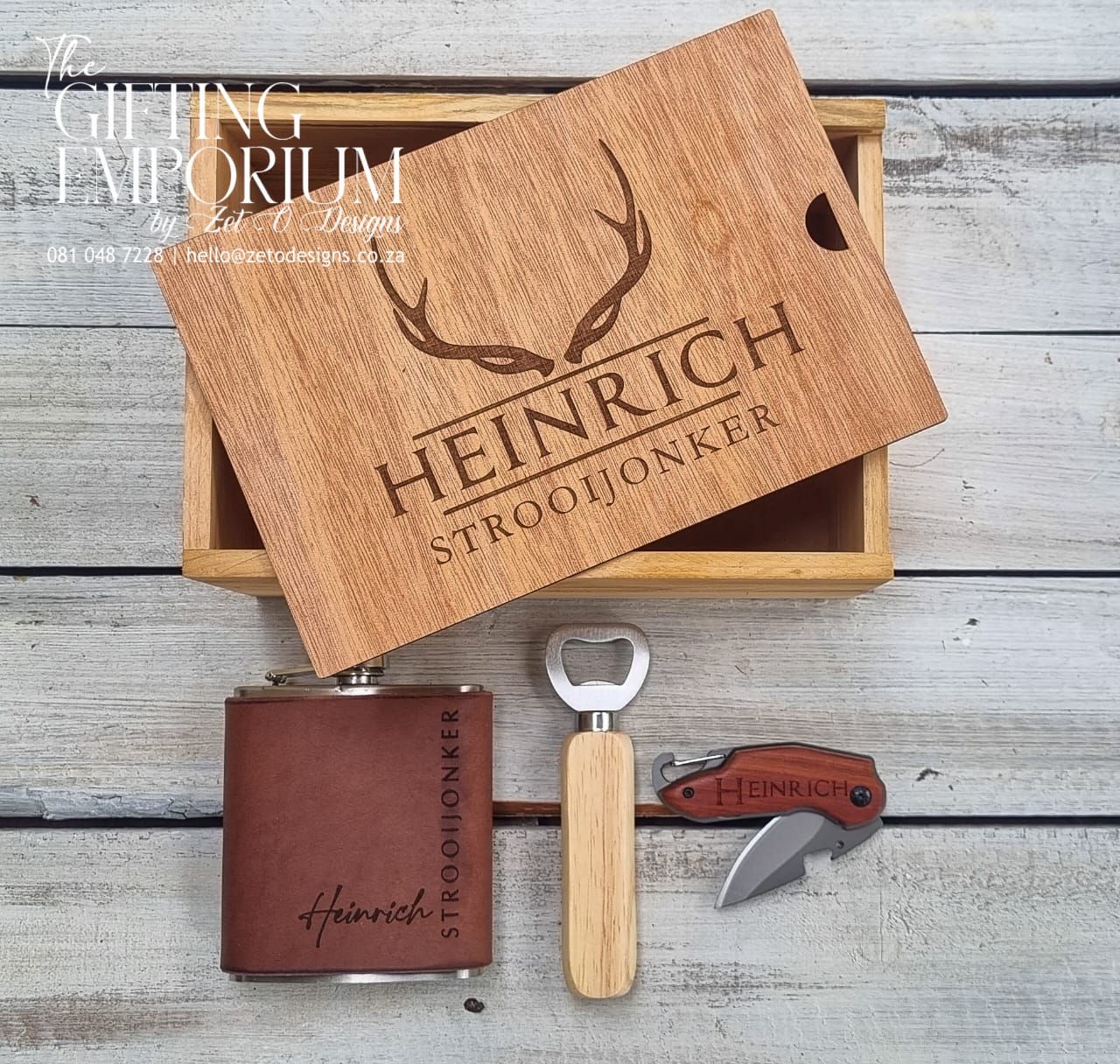 Premium Gentleman's Reserve Gift Box, featuring custom engraving on a wooden box, hip flask, bottle opener, and pocket knife