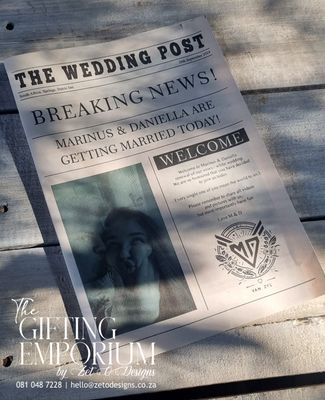 Custom A5 newspaper print with vintage-style design, perfect for weddings, events, and personalized gifts. High-quality custom newspaper prints in A5 size for unique decor and keepsakes