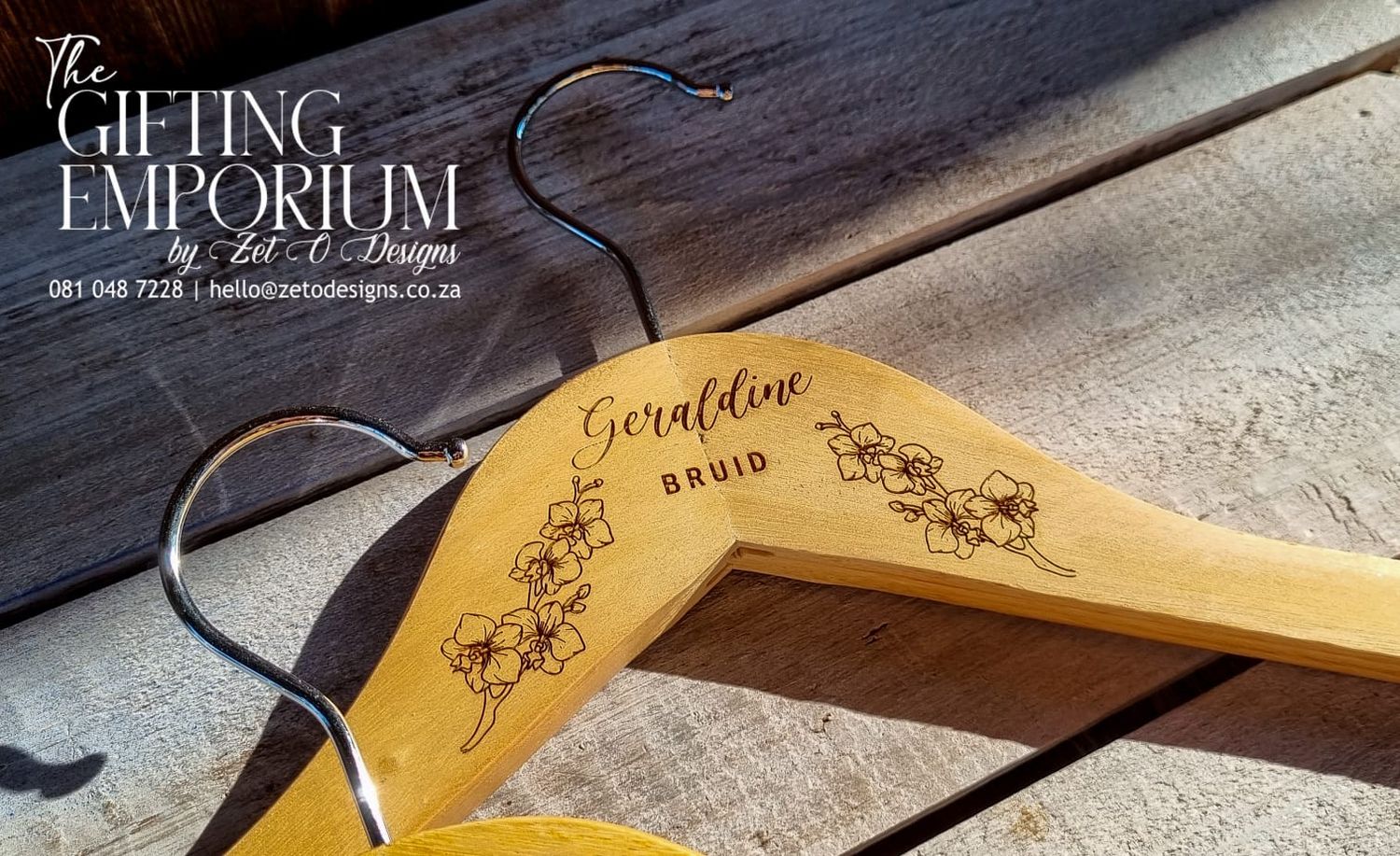 Wooden Hanger - Orchids Motif - Include Custom Name Engraving Wooden Hanger - Orchids Motif - Include Custom Name Engraving
