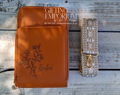 Modern crossbody sling bag with custom engraving, ideal for travel and daily use