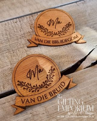 Boutoniere Badges - Leaf Motif on MDF Wood MDF Wood Boutonniere with Leaf Design - Custom Engraving Available