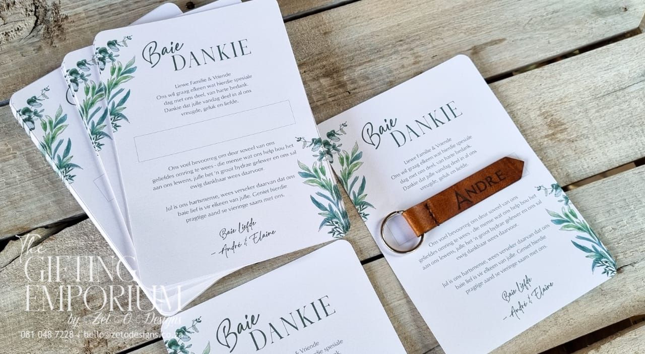 Thank you card set featuring custom printed or engraved messages, paired with an elegant leather keyring