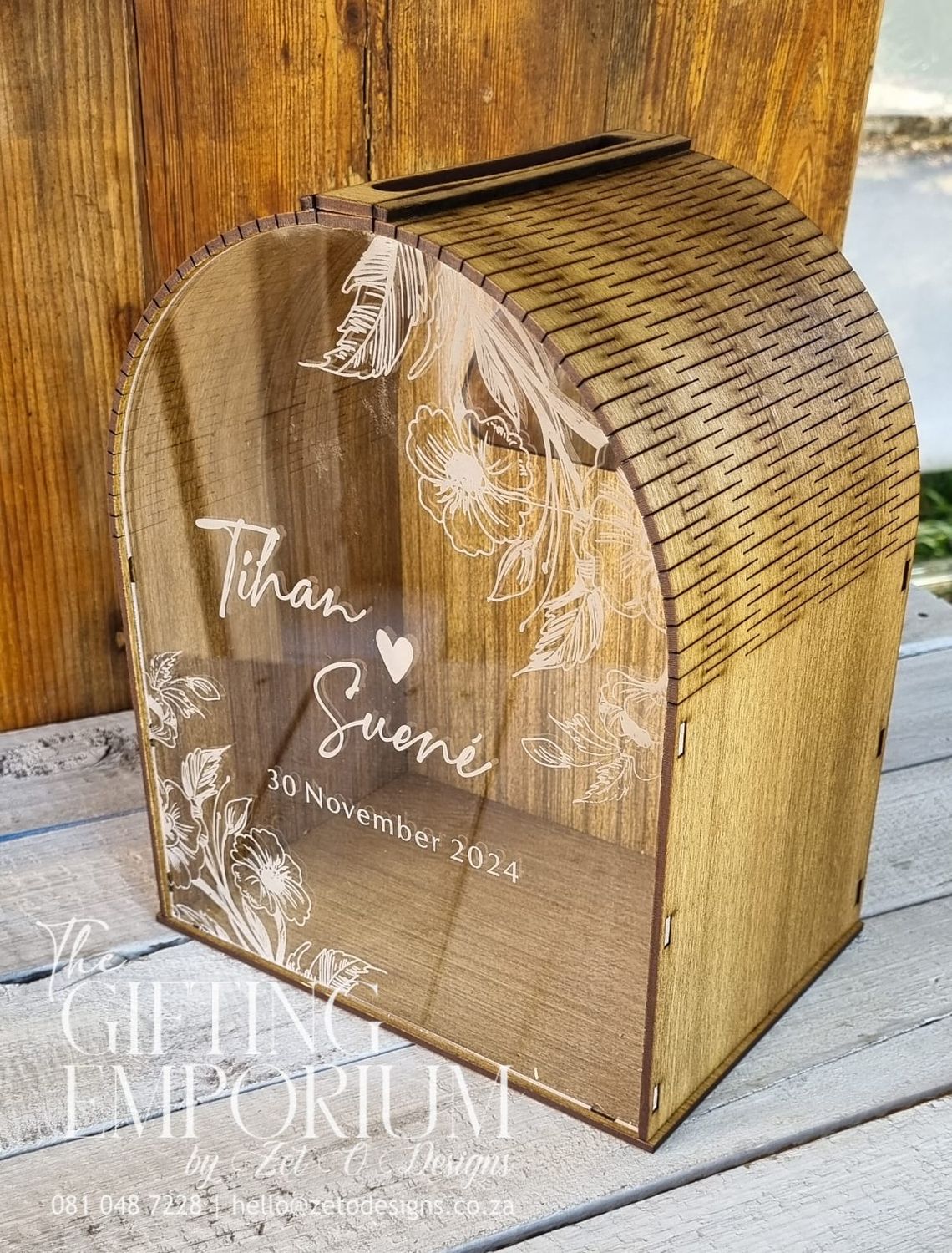 Wooden Envelope Box - Custom Engraving on Acrylic [Rounded Arch]