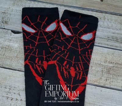 "Black Spiderman socks set with bold web design."
