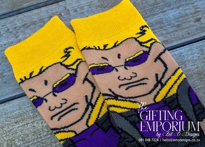"Hawk Eye socks set featuring bold patterns and vibrant colors."

