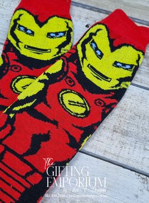 "A set of Iron Man-themed socks with bold red and gold colors, featuring the iconic Iron Man mask design."
