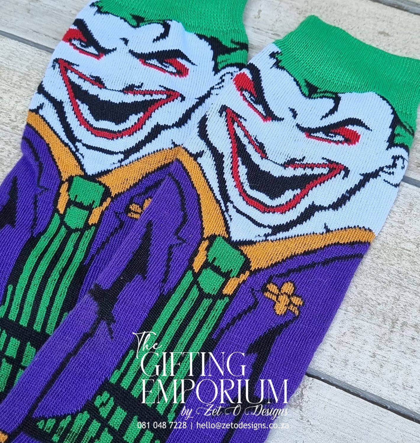 "Colorful Joker-themed socks set with playful designs."
