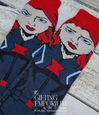 "Black Widow-themed sock set featuring black and red designs."
