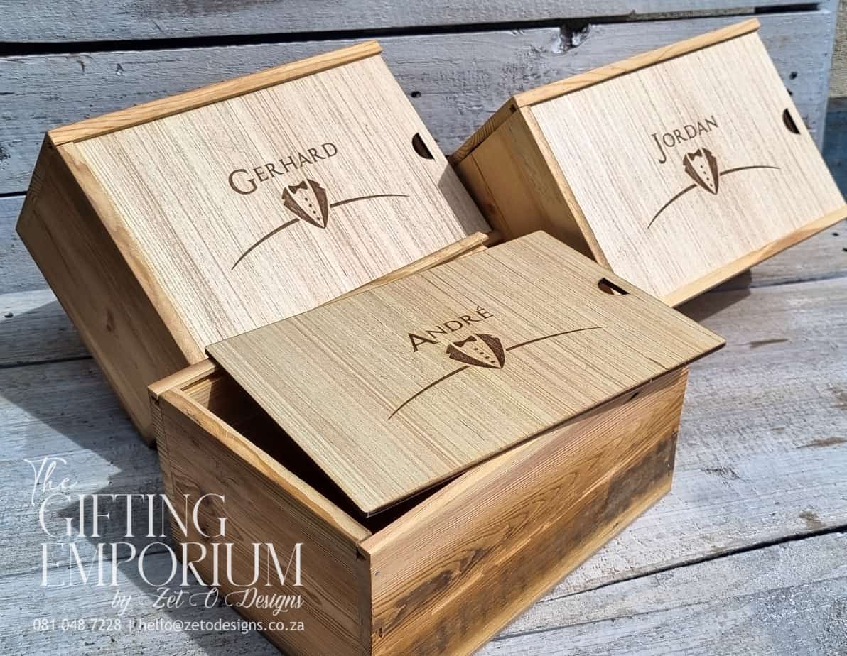 Personalized wooden box with intricate lid engraving, perfect for unique gifts
