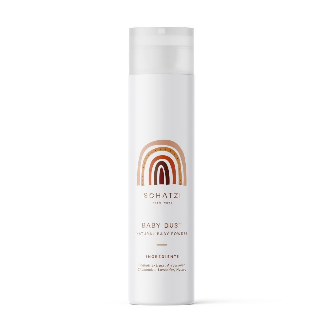 Baby Dust organic powder in a container, helping to keep baby’s skin dry, smooth, and free from diaper rash and irritation.