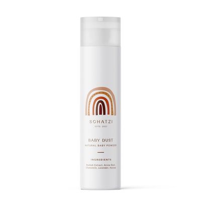 Baby Powder - Baby Dust Baby Dust organic powder in a container, helping to keep baby’s skin dry, smooth, and free from diaper rash and irritation.
