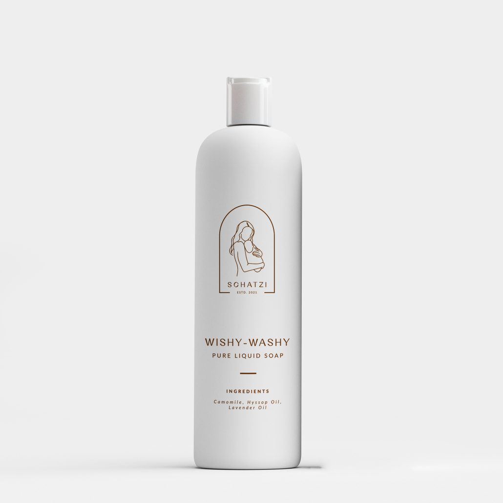 Wishy Washy Baby Body Wash bottle with organic essential oils, perfect for soothing and moisturizing sensitive baby skin