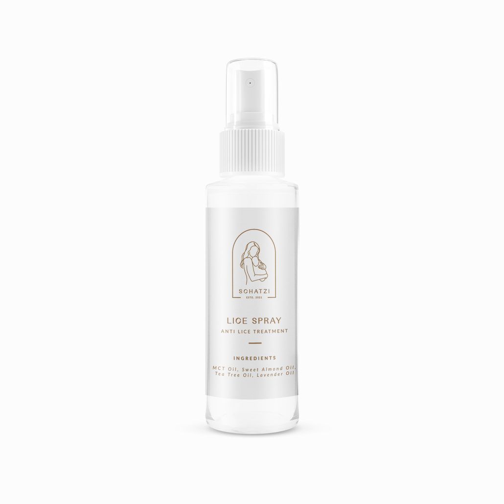Schatzi Anti-Lice Spray bottle with natural ingredients like MCT oil, tea tree, and lavender for effective lice prevention and scalp health.