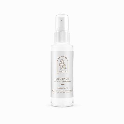 Schatzi Anti-Lice Spray bottle with natural ingredients like MCT oil, tea tree, and lavender for effective lice prevention and scalp health.