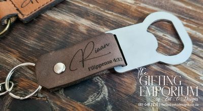 Keyring Metal Bottle Opener - Custom Engraving on Genuine Leather with Silver Finish [135mm x 30mm]