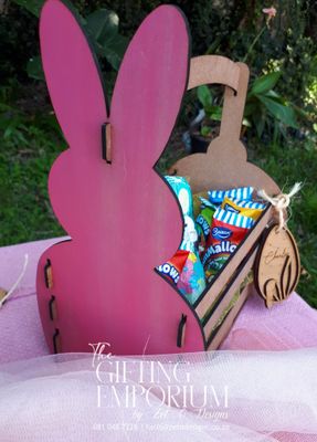 Wooden Easter Bunny basket cut-out featuring intricate details, perfect for springtime décor or gifting.