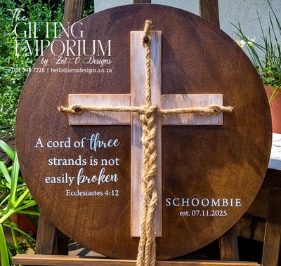Rustic wooden board featuring a handcrafted cross made from twine centered custom print 