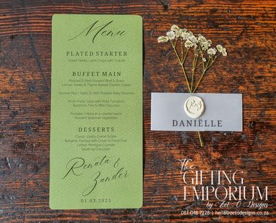 Unique one-of-a-kind Custom wedding menu printed on premium card stock, featuring a delicate baby’s breath deign