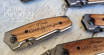 Gerber pocket knife with a wooden handle featuring custom engraved text.