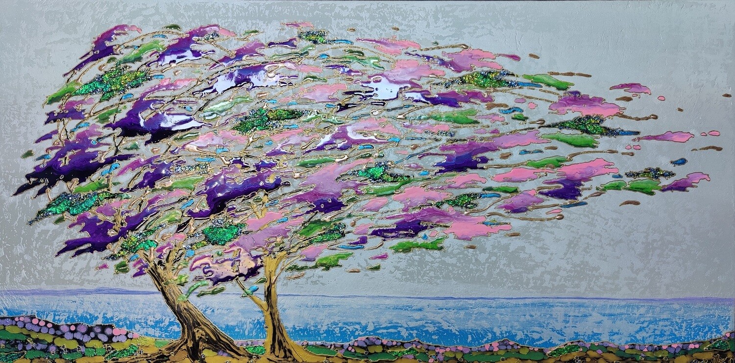 Mixed media painting "FLYING SAKURA" by LIQUID MOSAIC