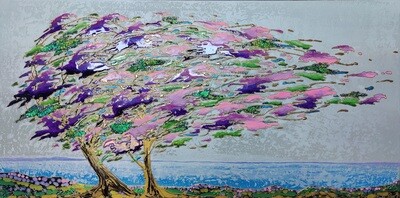 Mixed media painting "FLYING SAKURA" by LIQUID MOSAIC