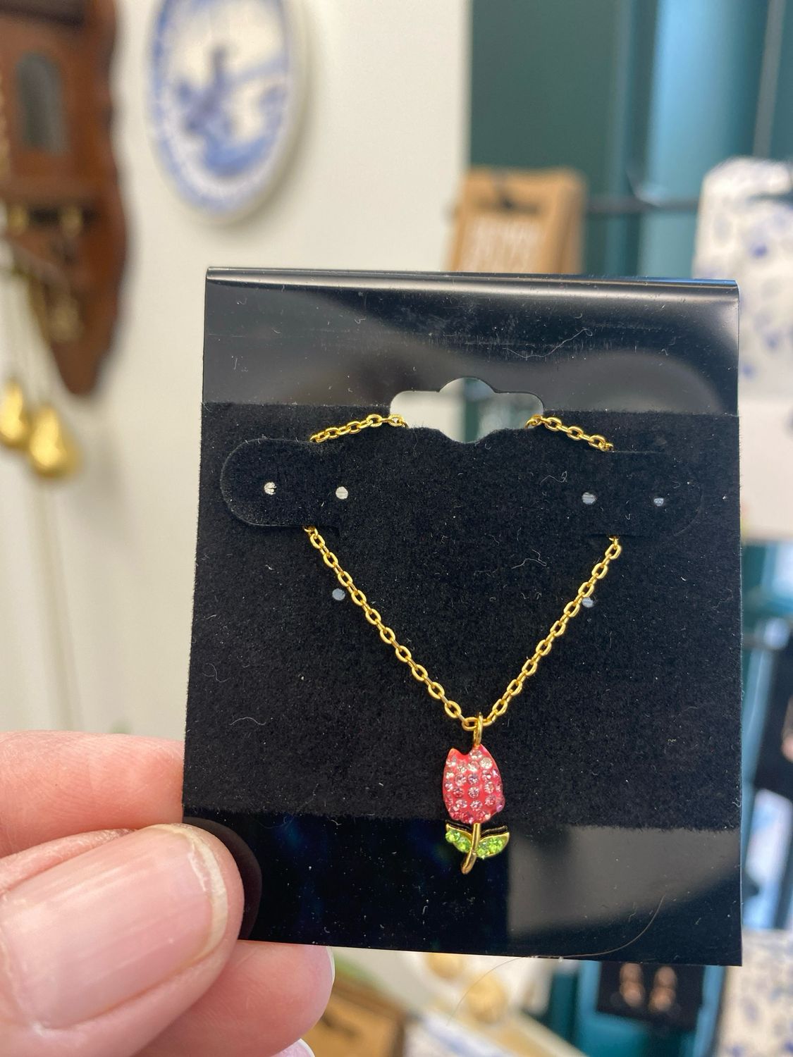 •NECKLACE• Pink Rhinestone Tulip Charm