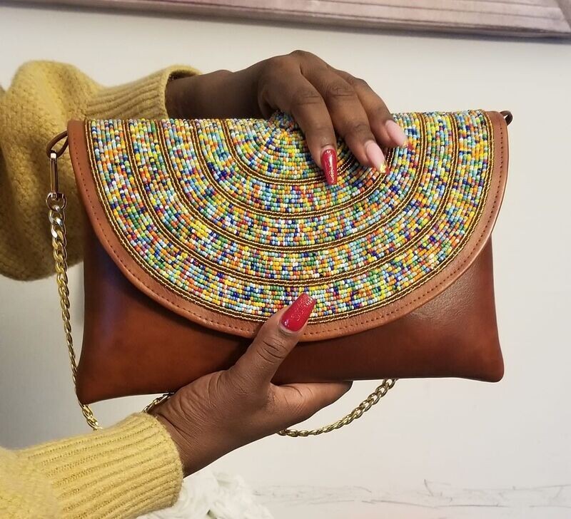 Beaded Clutch Bags/ Purse/ Evening Bags - Brown leather