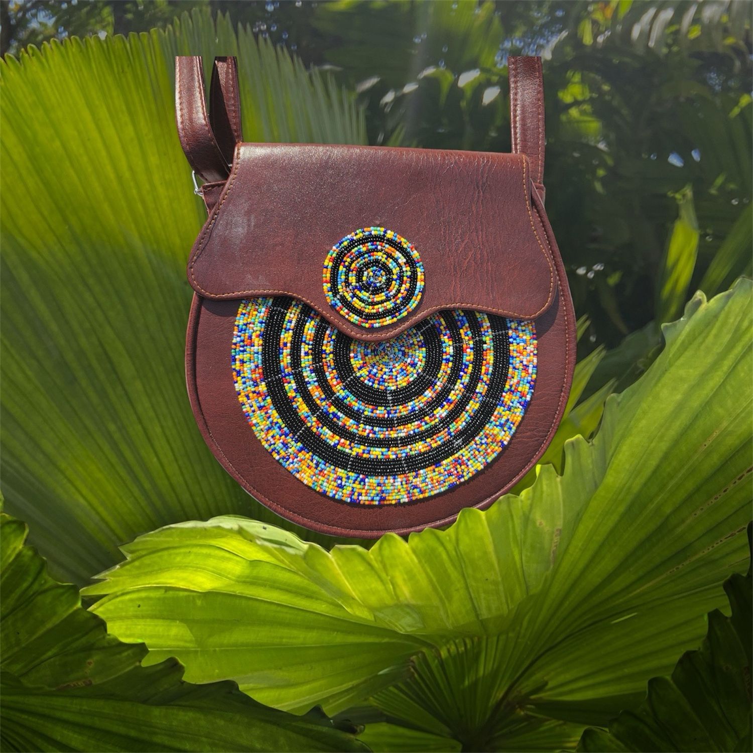 Round Crossbody Leather Beaded Bag - Jani