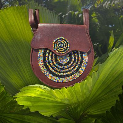 Round Crossbody Leather Beaded Bag - Jani Round Crossbody Leather Beaded Bag - Jani