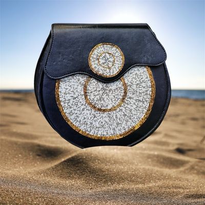 Round Crossbody Leather Beaded Bag - Amani Round Crossbody Leather Beaded Bag - Amani