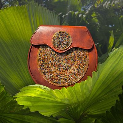 Round Crossbody Leather Beaded Bag - Lela