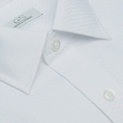 Cooper & Stewart White Tonal Check Spread Collar - Tailored Fit