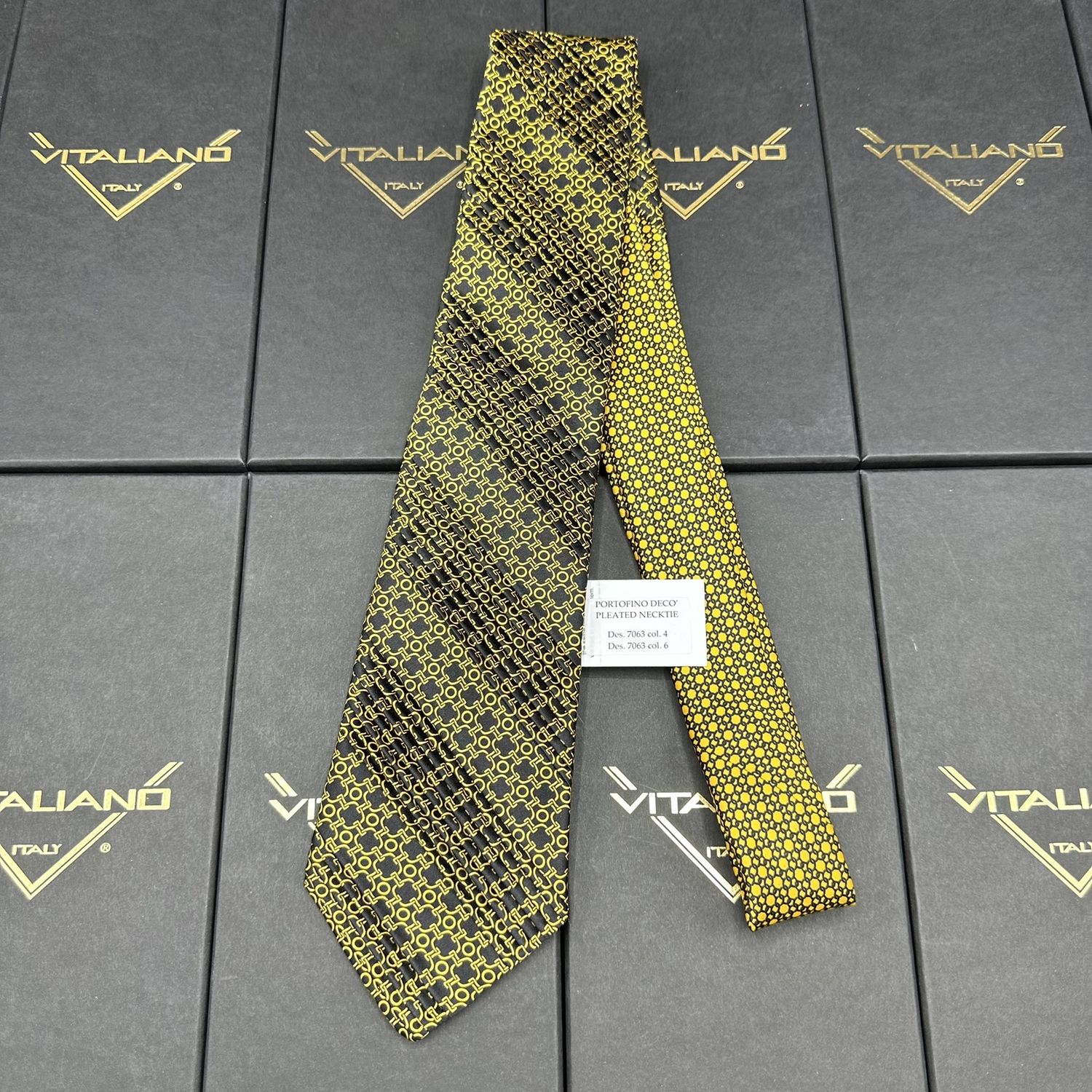 Vitaliano 16011 Custom Knot Portofino Deco Pleated Necktie Des 7063 col 4 des 7063 col 6