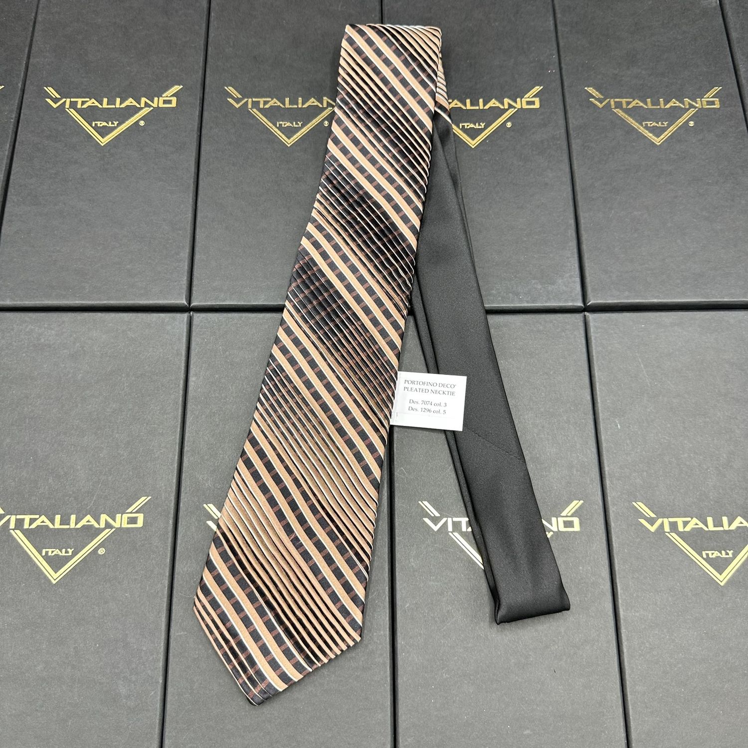 Vitaliano 16017 Custom Knot Portofino Pleated Necktie Des 7074 col 3 Des 1296 col 5