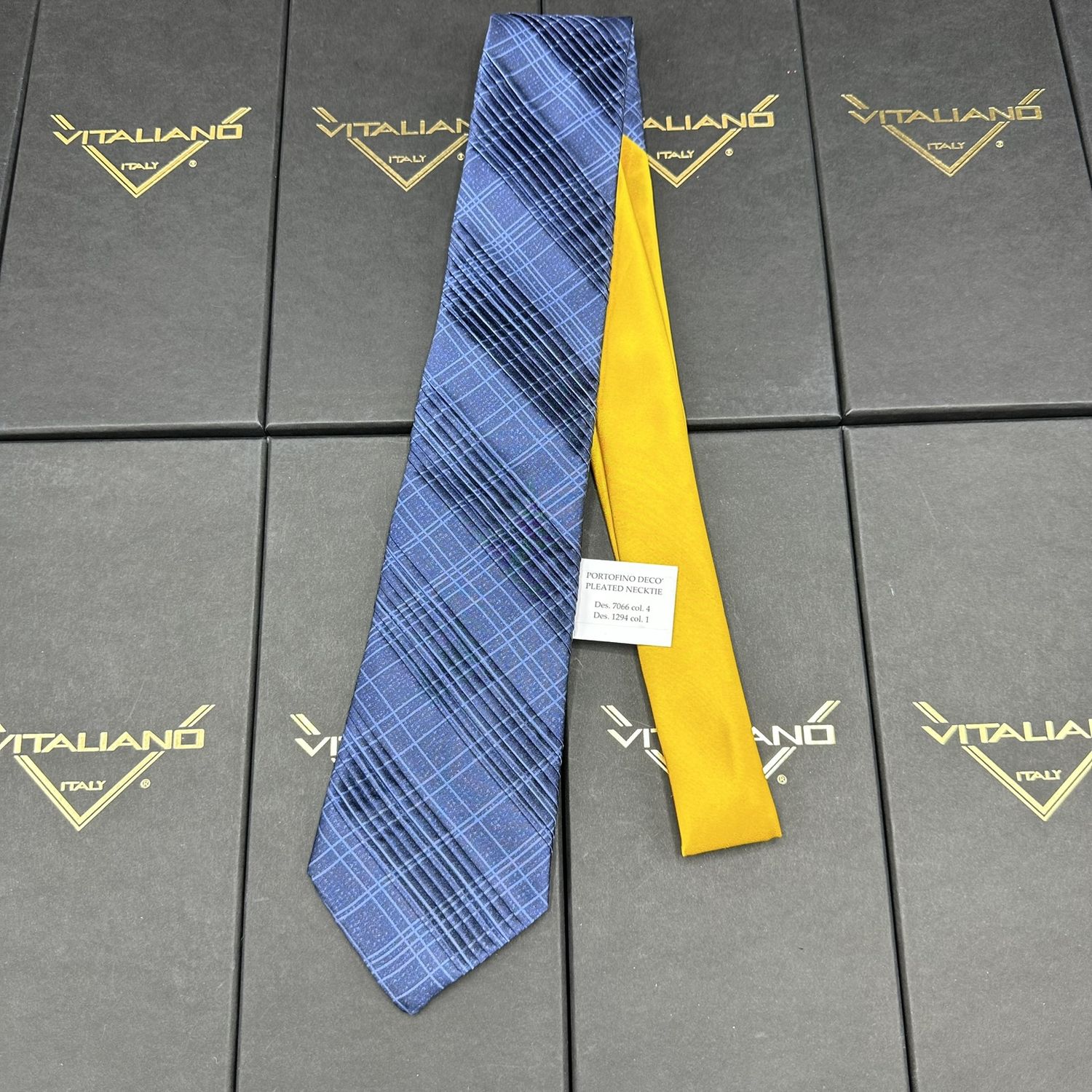 Vitaliano 16019 Custom Knot Portofino Pleated Necktie Des 7066 col 4 Des 1294 col 1